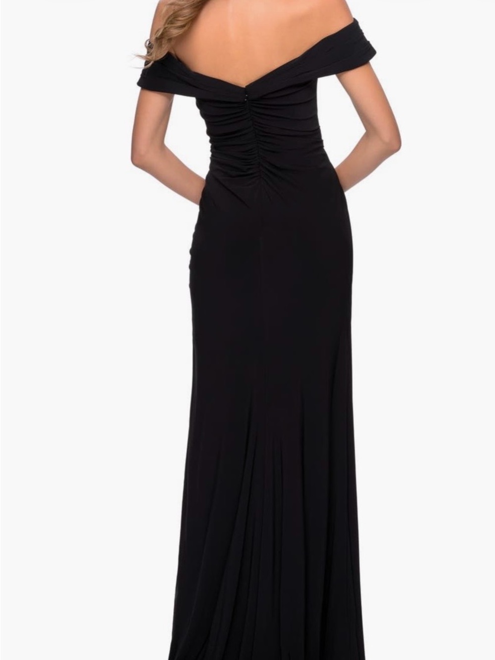 La Femme Black Off-Shoulder Ruched Back Evening Gown